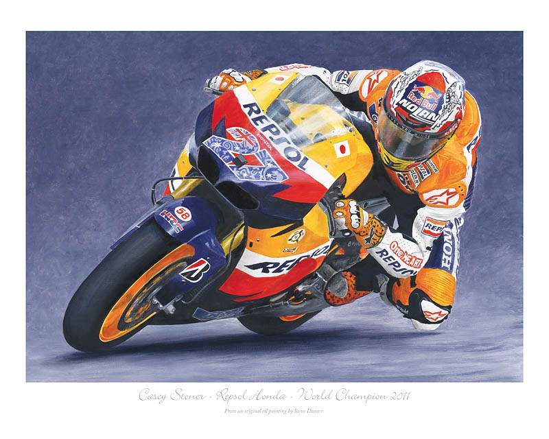 Casey Stoner Repsol motorcycle print. Painting by Steve Dunn.