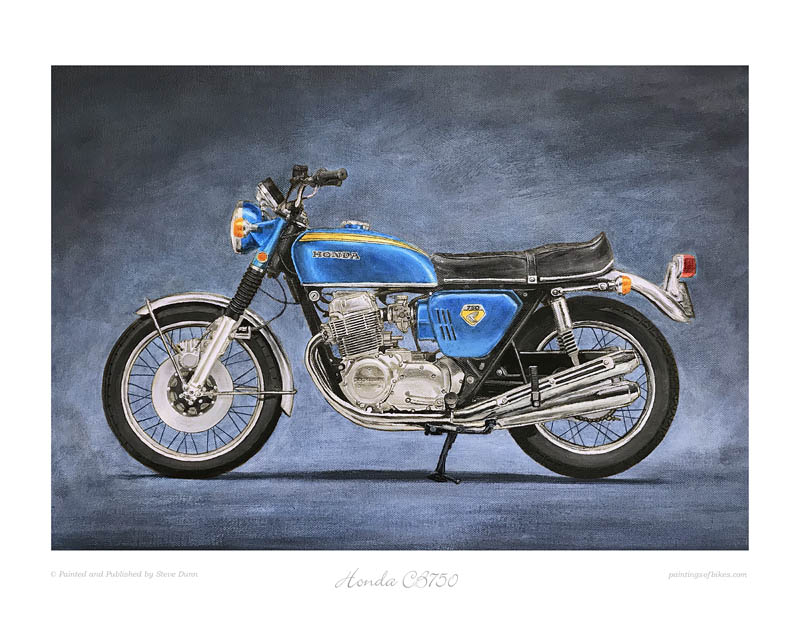 Honda CB750 blue sandcast motorcycle print. Painting by Steve Dunn.