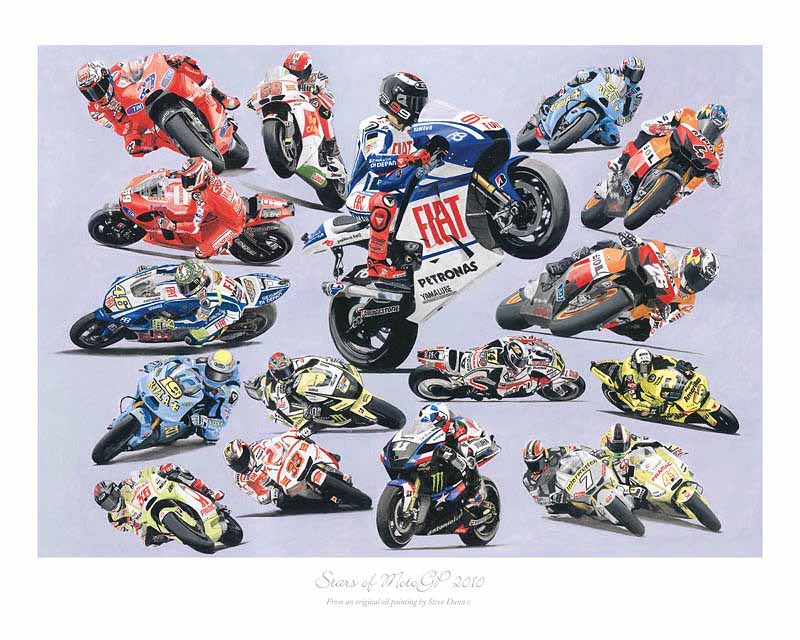 Stars of MotoGP 2010 motorcycle print. Painting by Steve Dunn.